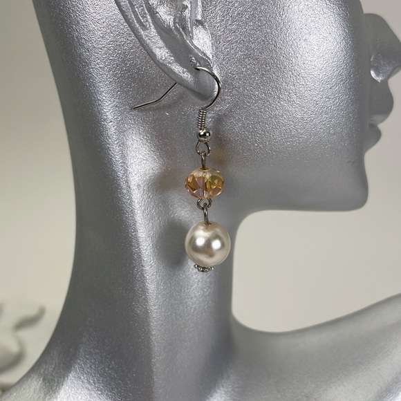 White Pearl and AB Crystal Drop Earrings - Picture 2 of 8